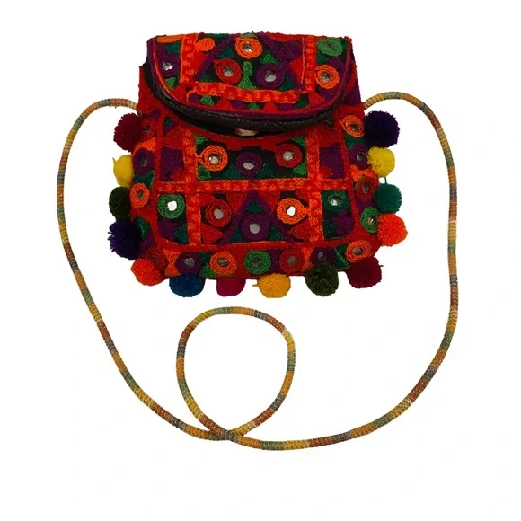 Embroidered Mini Bag Pom Pom Multicolored Shoulder Bag - Picture 4 of 10